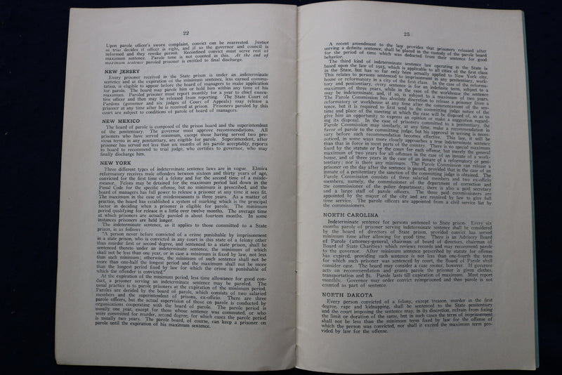 1922 STUDY OF PAROLE LAWS AND METHODS IN THE UNITED STATES SOFTCOVER BOOK- K 916