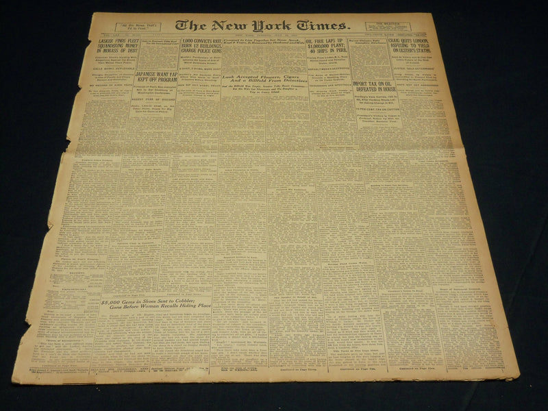 1921 JULY 19 NEW YORK TIMES NEWSPAPER - LINDEN NEW JERSEY OIL FIRE - NT 8715