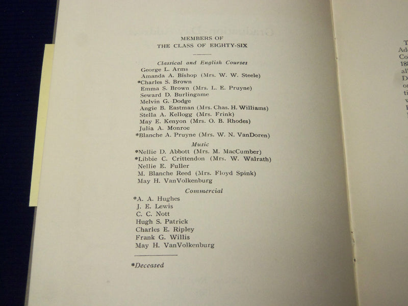 1931 ADAMS COLLEGIATE INSTITUTE CLASS OF 1886 ADDRESS BOOK - J 4444