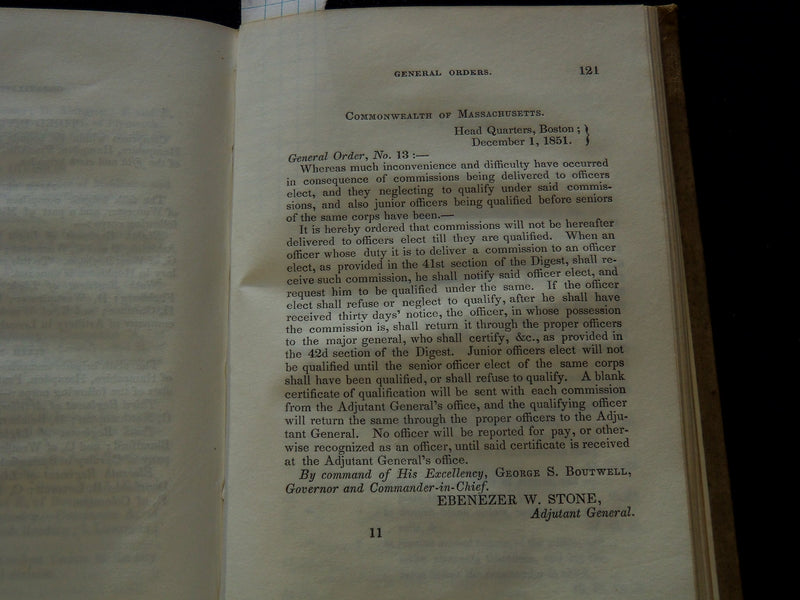 1851 MILITIA LAWS OF MASSACHUSETTS HARDCOVER BOOK BY EBENEZER W. STONE - KD 81G
