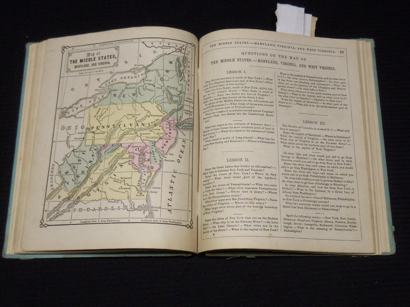 1874 WARREN'S NEW PRIMARY GEOGRAPYH BOOK - NICE COLOR MAPS - KD 2951D