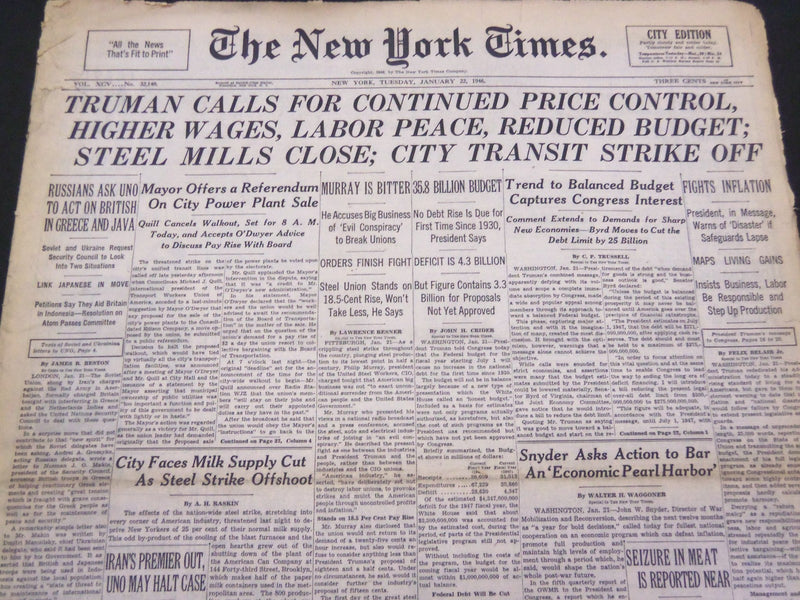 1946 JANUARY 22 NEW YORK TIMES - STEEL MILLS CLOSE, TRANSIT STRIKE OFF - NT 4240