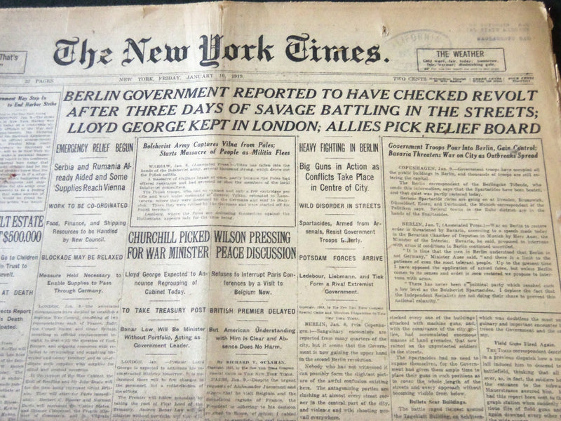 1919 JANUARY 10 NEW YORK TIMES - WILSON PRESSING PEACE DISCUSSION - NT 5830