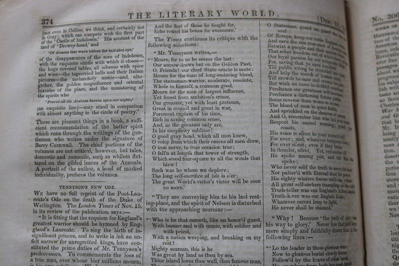 1852 JULY-DECEMBER THE LITERARY WORLD BOUND VOLUME - HAWTHORNE-WEBSTER - KD 9719