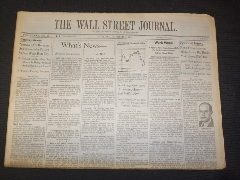 1995 OCT 3 THE WALL STREET JOURNAL - NORWAY'S OIL BONANZA STIRS FEARS - WJ 197