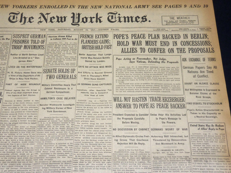 1917 AUGUST 18 NEW YORK TIMES - POPE'S PEACE PLAN BACKED IN BERLIN - NT 8528