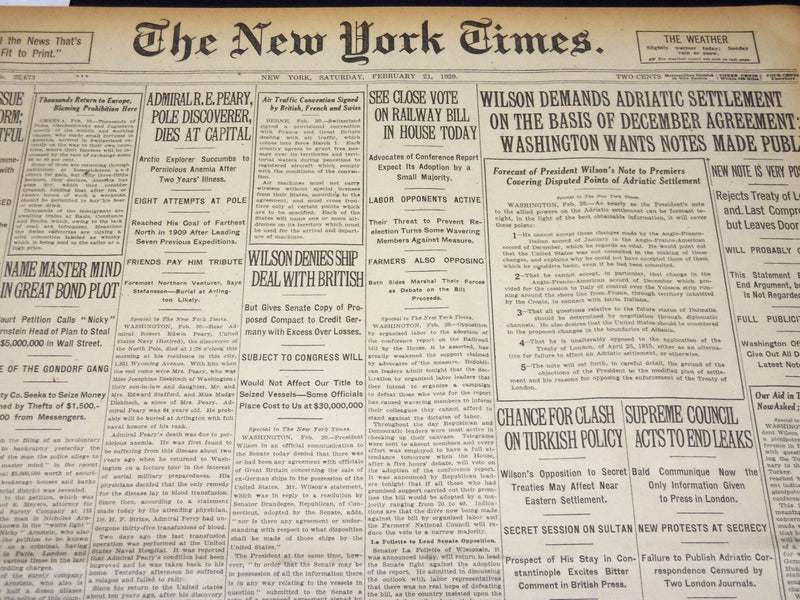 1920 FEBRUARY 21 NEW YORK TIMES - R. E. PEARYPOLE DISCOVERER DEAD - NT 7882