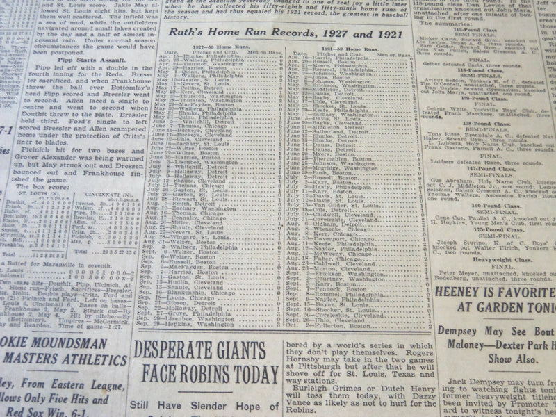 1927 SEPT 30 NEW YORK TIMES - RUTH HITS 2 EQUALS 1921 HOMER RECORD - NT 6319