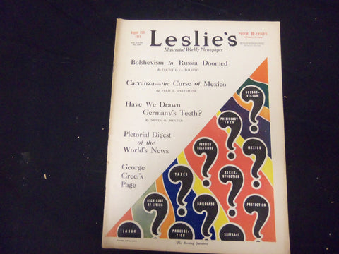 1919 AUGUST 16 LESLIE'S WEEKLY MAGAZINE - GREAT COVER, PHOTOS & ADS - ST 2254