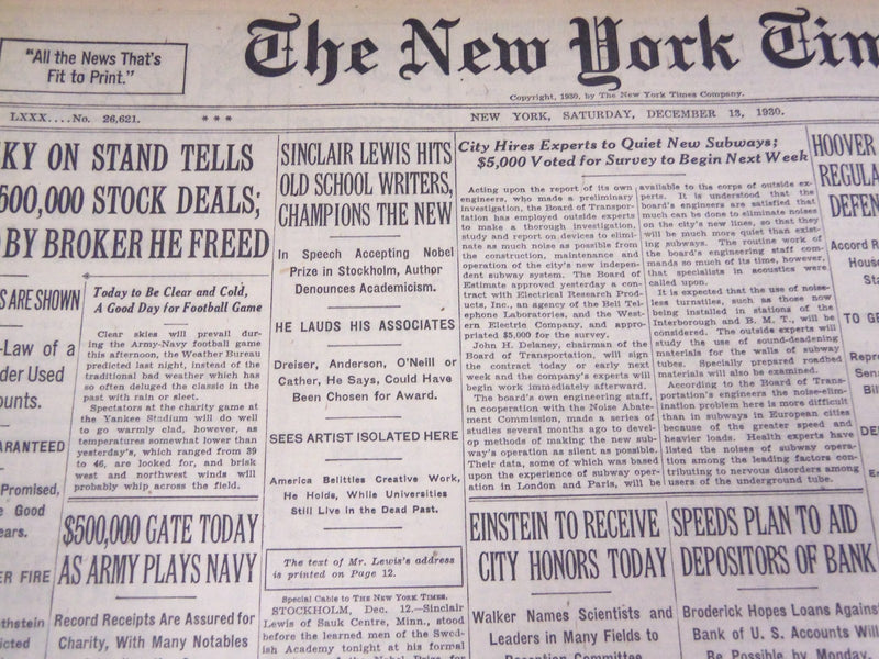 1930 DECEMBER 13 NEW YORK TIMES - SINCLAIR LEWIS ACCEPTS NOVEL PRIZE - NT 1669