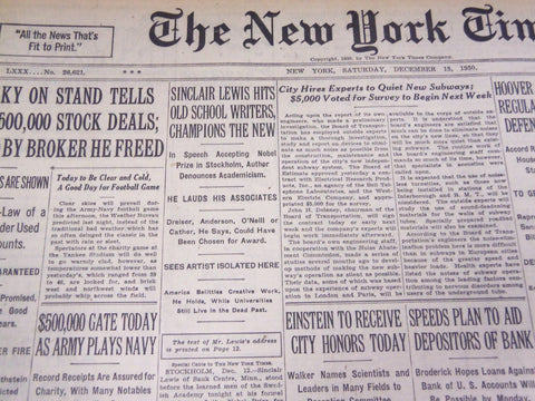 1930 DECEMBER 13 NEW YORK TIMES - SINCLAIR LEWIS ACCEPTS NOVEL PRIZE - NT 1669