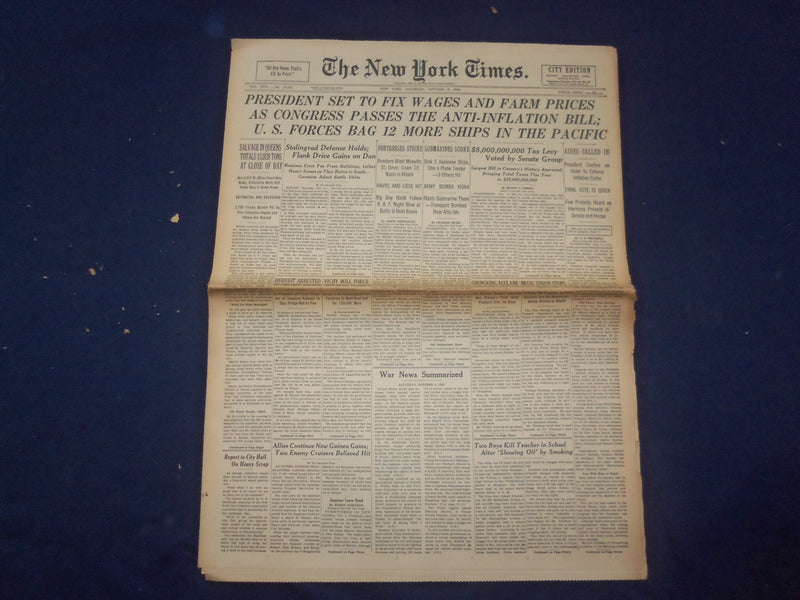 1942 OCT 3 NEW YORK TIMES - PRESIDENT SET TO FIX WAGES AND FARM PRICES - NP 6507