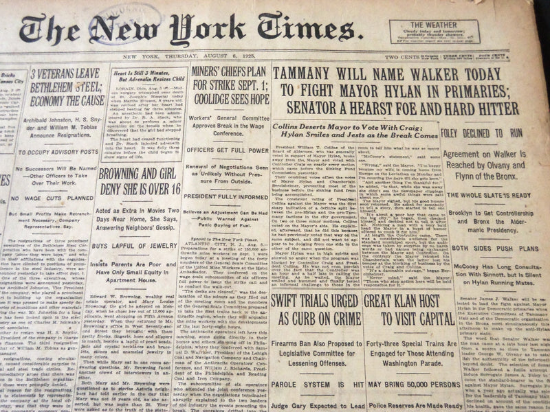 1925 AUGUST 6 NEW YORK TIMES - TAMMANY WILL NAME WALKEE TODAY - NT 5456
