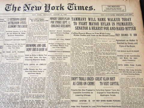 1925 AUGUST 6 NEW YORK TIMES - TAMMANY WILL NAME WALKEE TODAY - NT 5456