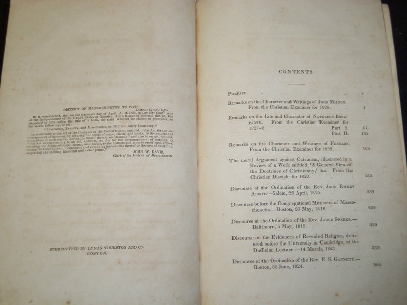 1830 WILLIAM CHANNING'S DISCOURSES REVIEWS AND MISCELLANIES VOLUME - KD 5837