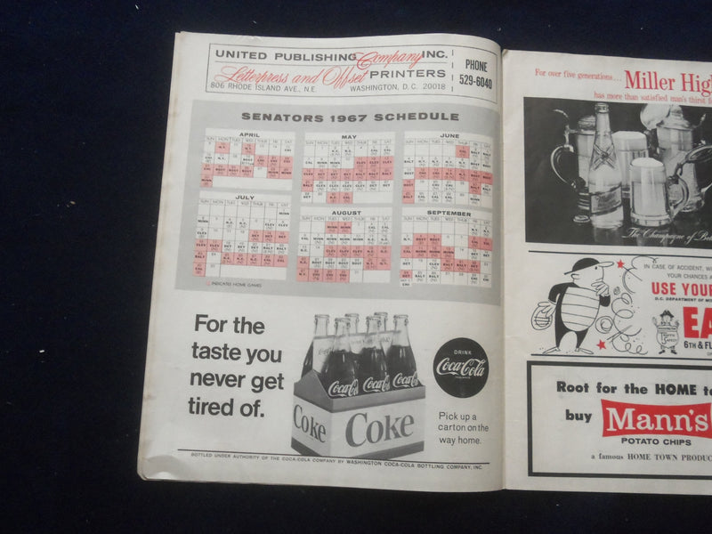 1967 WASHINGTON SENATORS VS. NEW YORK YANKEES SCORECARD - J 8399