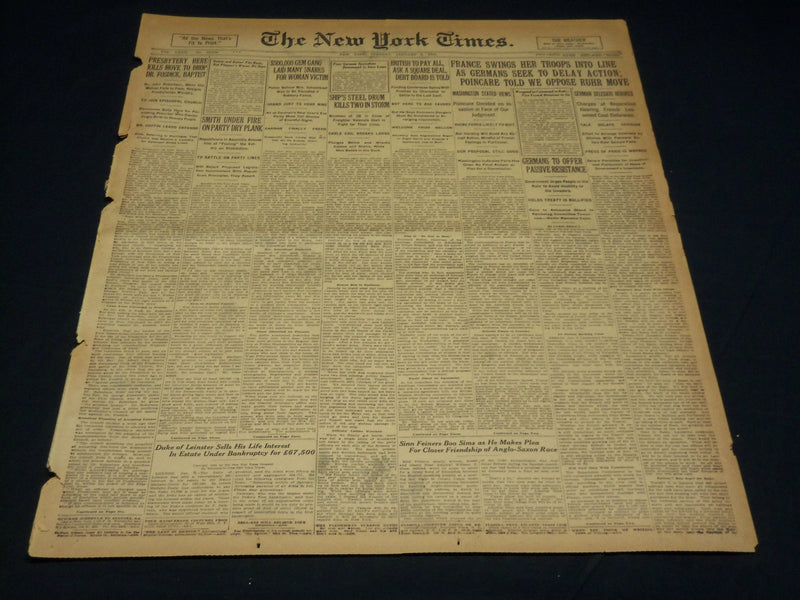 1923 JANUARY 9 NEW YORK TIMES - FRANCE SWINGS TROOPS INTO LINE - NT 7895