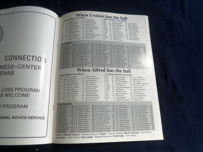 1996 SEP 7 FOOTBALL PROGRAM - URSINUS COLLEGE VS ALFRED UNIVERSITY - SP 1218Q