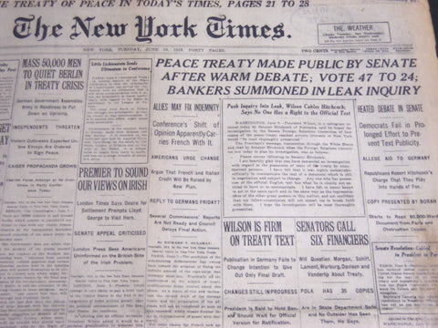 1919 JUNE 10 NEW YORK TIMES NEWSPAPER - PEACE TREATY MADE PUBLIC - NT 6657
