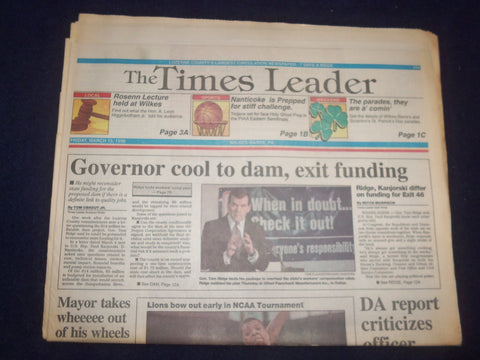 1996 MARCH 15 WILKES-BARRE TIMES LEADER - GOV. TOM RIDGE COOL TO DAM - NP 8155