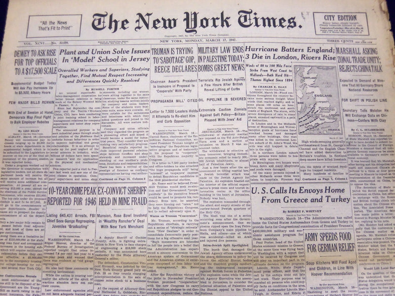 1947 MAR 17 NEW YORK TIMES - HURRICANE BATTERS ENGLAND 3 DIE IN LONDON - NT 89