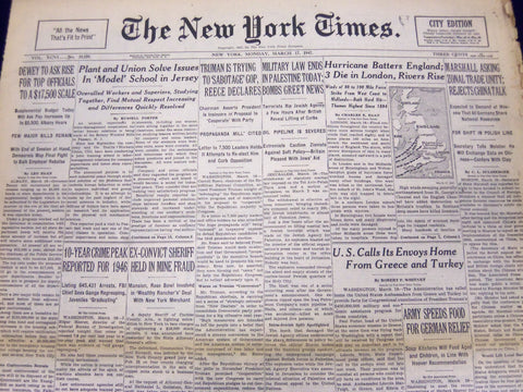 1947 MAR 17 NEW YORK TIMES - HURRICANE BATTERS ENGLAND 3 DIE IN LONDON - NT 89