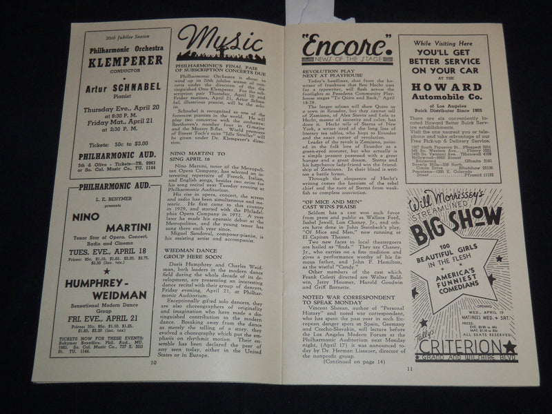 1939 APRIL 15 THE LOS ANGELES DAILY DOINGS PROGRAM - LAWRY'S PRIME RIB - J 8713