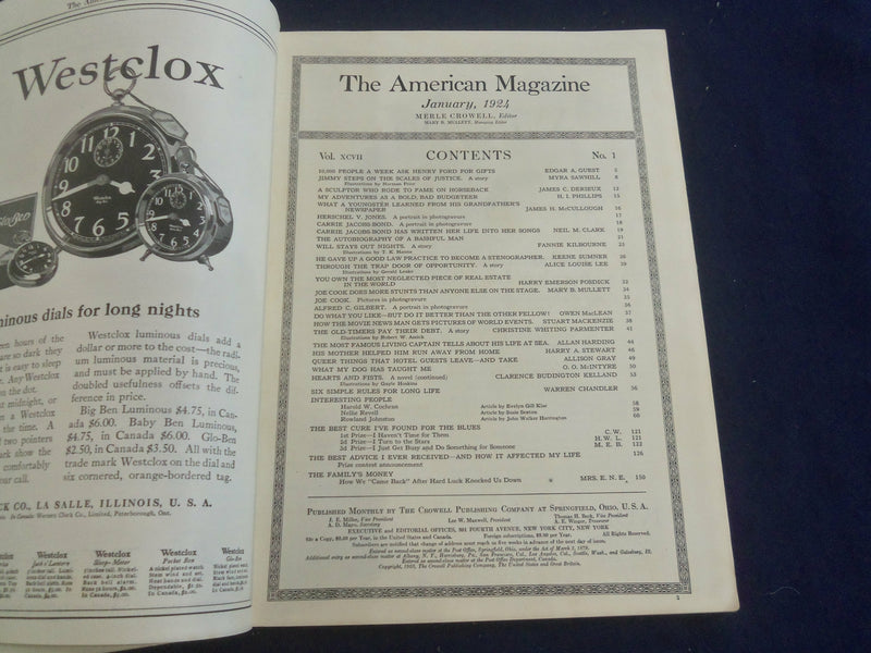 1924 JANUARY AMERICAN MAGAZINE - BEAUTIFUL COVER, STORIES & ADS - ST 1240W