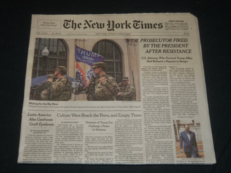 2020 JUNE 21 NEW YORK TIMES - PROSECUTOR FIRED BY PRESIDENT AFTER RESISTANCE