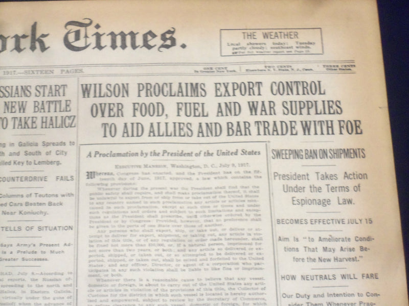 1917 JULY 9 NEW YORK TIMES - WILSON PROCLAIMS EXPORT CONTROL - NT 9299