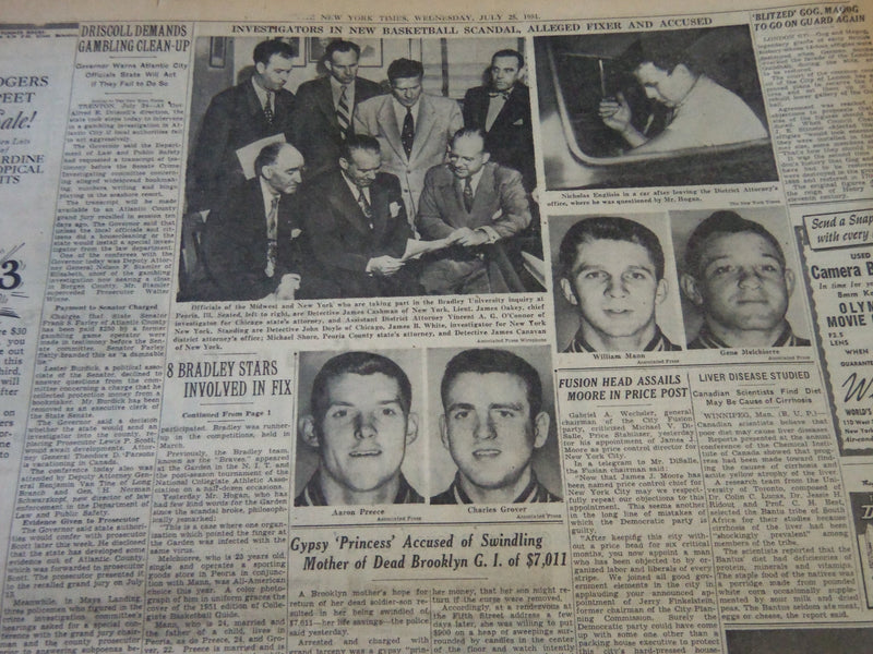 1951 JUL 25 NEW YORK TIMES 8 BRADLEY PLAYERS INVOLVED IN BASKETBALL FIX- NT 5787