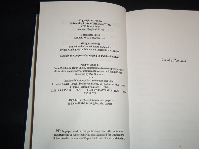 1995 FROM BOLSHOI TO BE'ER SHEVA SCIENTISTS TO STREET SWEEPERS BOOK - KD 4671M