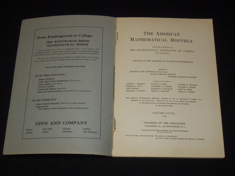 1921 THE AMERICAN MATHEMATICAL MONTHLY MAGAZINE LOT OF 4 - WR 277D