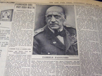 1938 MARCH 2 NEW YORK TIMES - GABRIELE D'ANNUNZIO DIES AT 74 - NT 2852