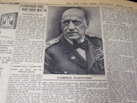 1938 MARCH 2 NEW YORK TIMES - GABRIELE D'ANNUNZIO DIES AT 74 - NT 2852