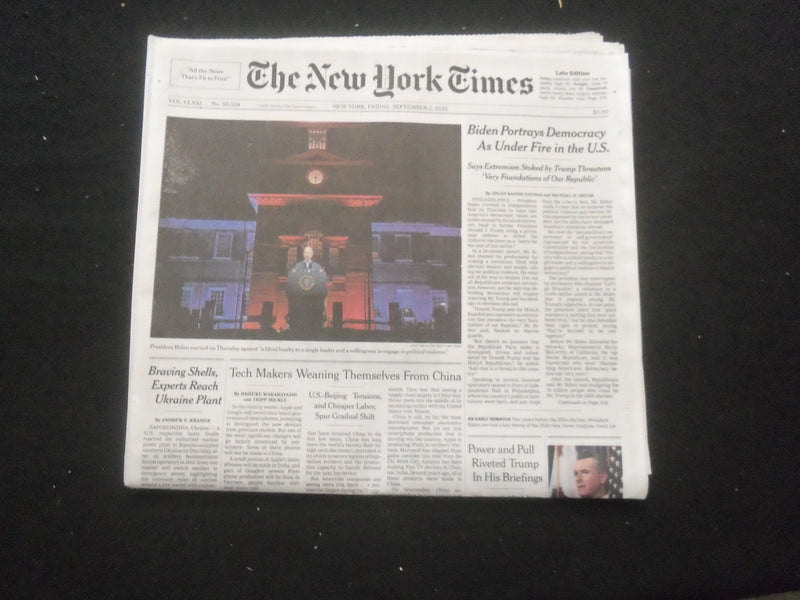 2022 SEPTEMBER 2 NEW YORK TIMES - BIDEN PORTRAYS DEMOCRACY AS UNDER FIRE IN U.S.