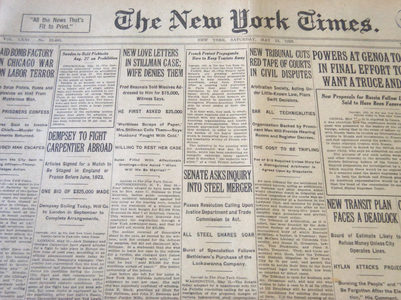 1922 MAY 13 NEW YORK TIMES - DEMPSEY TO FIGHT CARPENTIER ABROAD - NT 5819