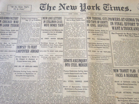 1922 MAY 13 NEW YORK TIMES - DEMPSEY TO FIGHT CARPENTIER ABROAD - NT 5819