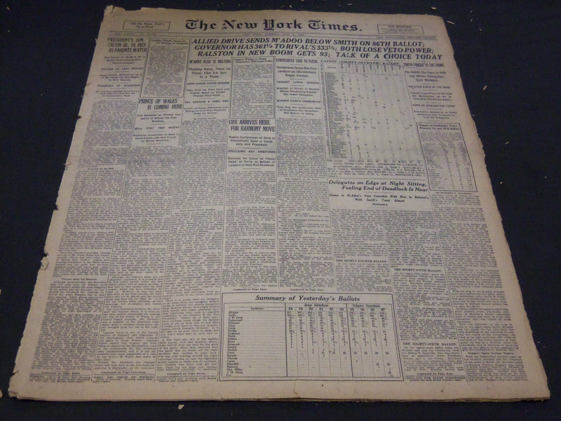 1924 JULY 8 NEW YORK TIMES - PRESIDENT'S SON 16 DIES, SMITH AHEAD - NT 5075