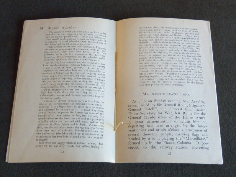 1918 TALY OUR ALLY SOFTCOVER BOOK - ACCOUNT OF HON. H. H. ASQUITH - J 7199