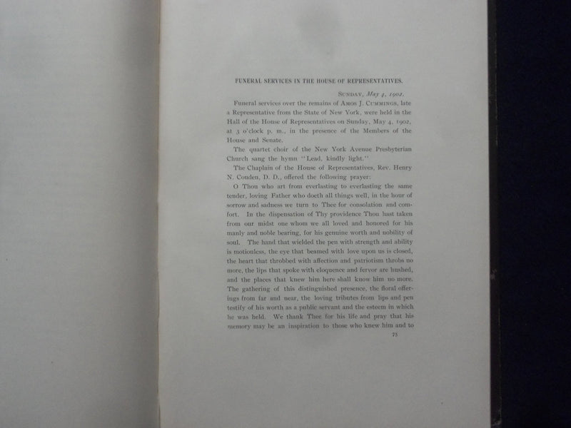 1903 AMOS J. CUMMINGS MEMORIAL ADDRESSES HARDCOVER BOOK - K 201