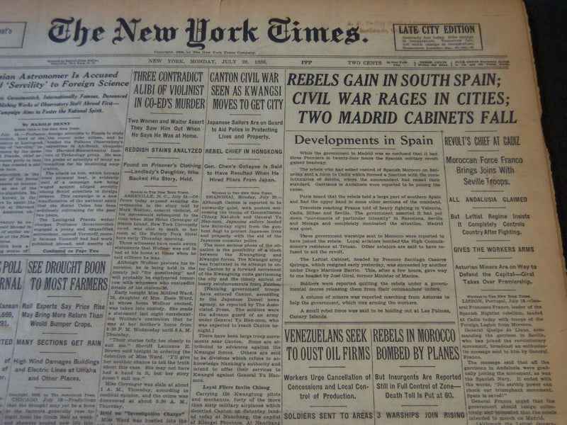 1936 JULY 20 NEW YORK TIMES - REBELS GAIN IN SOUTH SPAIN - NT 6722