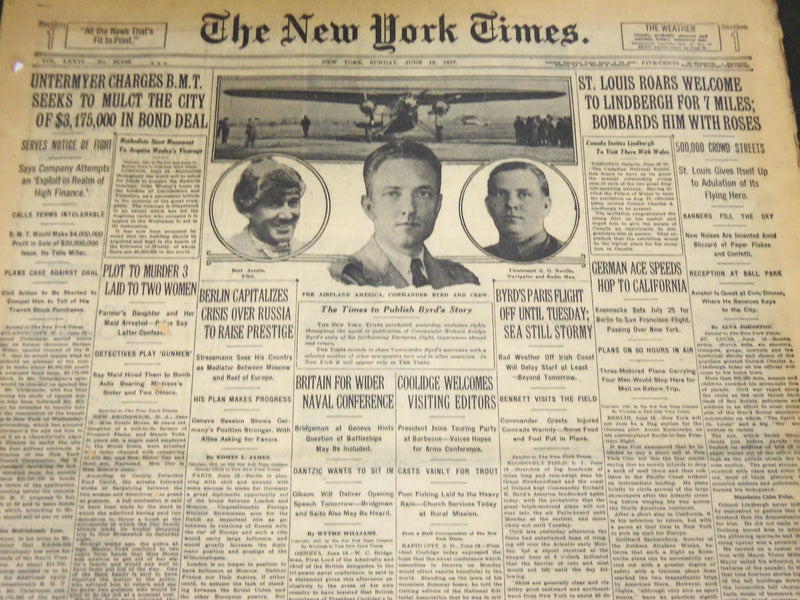 1927 JUNE 19 NEW YORK TIMES - ST. LOUIS ROARS WELCOME TO LINDBERGH - NT 5066
