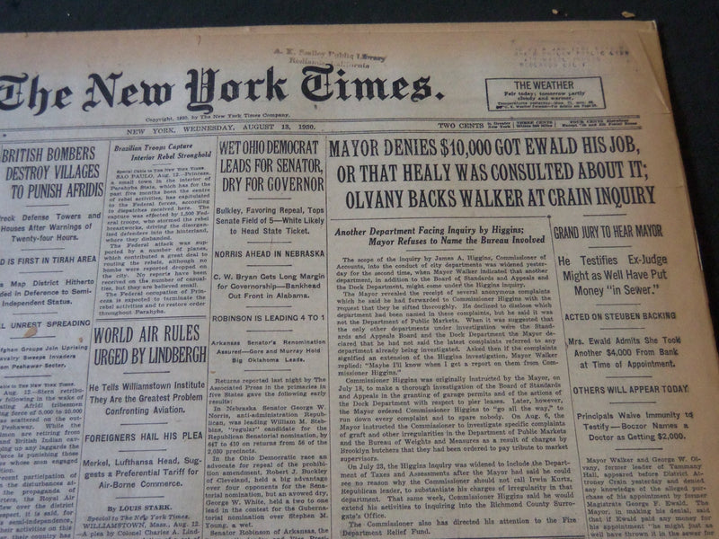 1930 AUGUST 13 NEW YORK TIMES - MAYOR DENIES $10,000 GOT EWALD HIS JOB - NT 5620