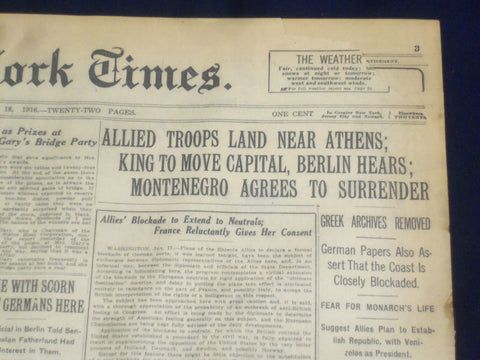 1916 JANUARY 18 NEW YORK TIMES - ALLIED TROOPS LAND NEAR ATHENS - NT 9073
