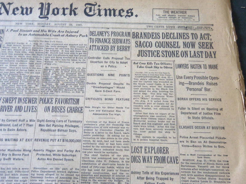 1927 AUGUST 22 NEW YORK TIMES - BRANDEIS DECLINES TO ACT ON SACCO - NT 6362