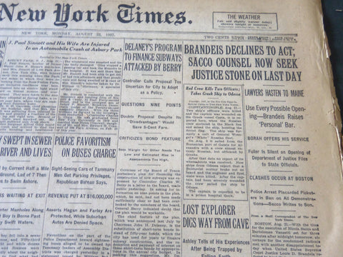 1927 AUGUST 22 NEW YORK TIMES - BRANDEIS DECLINES TO ACT ON SACCO - NT 6362