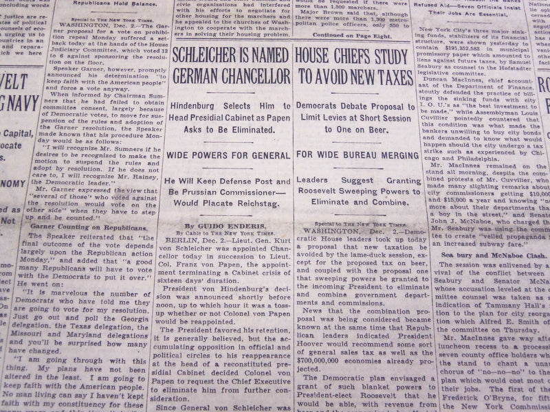 1932 DECEMBER 3 NEW YORK TIMES - SCHLEICHER NAMED CHANCELLOR - NT 4075