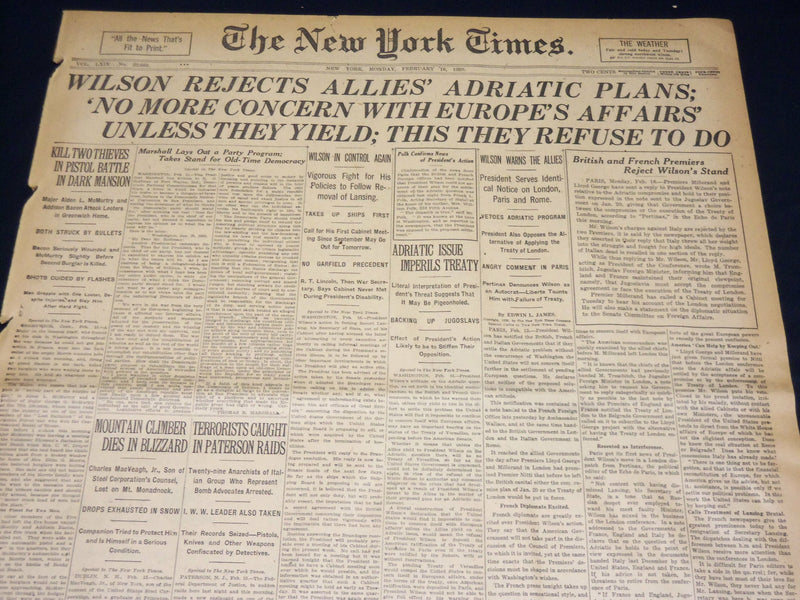 1920 FEBRUARY 16 NEW YORK TIMES - WILSON REJECTS ALLIES ADRIATIC PLANS - NT 7872