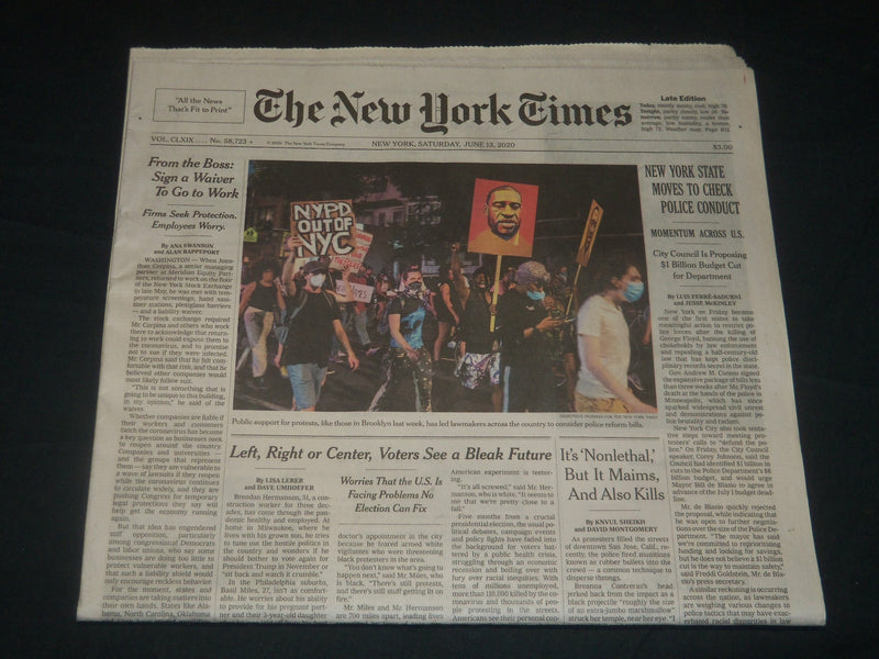 2020 JUNE 13 NEW YORK TIMES - LEFT, RIGHT OR CENTER, VOTERS SEE A BLEAK FUTURE